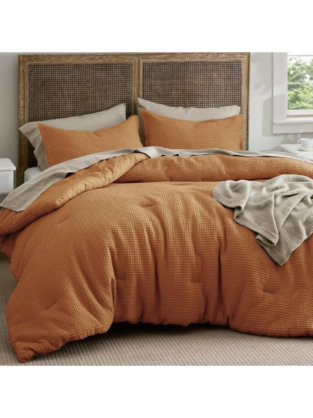 Cozy Waffle Comforter Set Queen Size, Soft Cotton Cover, Elegant Hazel Color